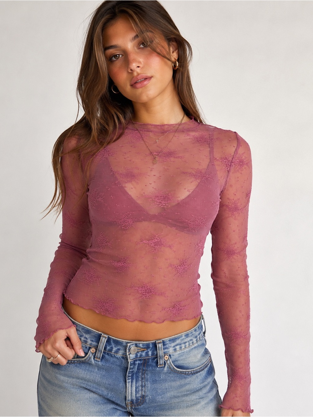 Aerie Sheer Floral Lace Mesh Long Sleeve Top Dusty Rose Pink Size Small Y2K Vibe